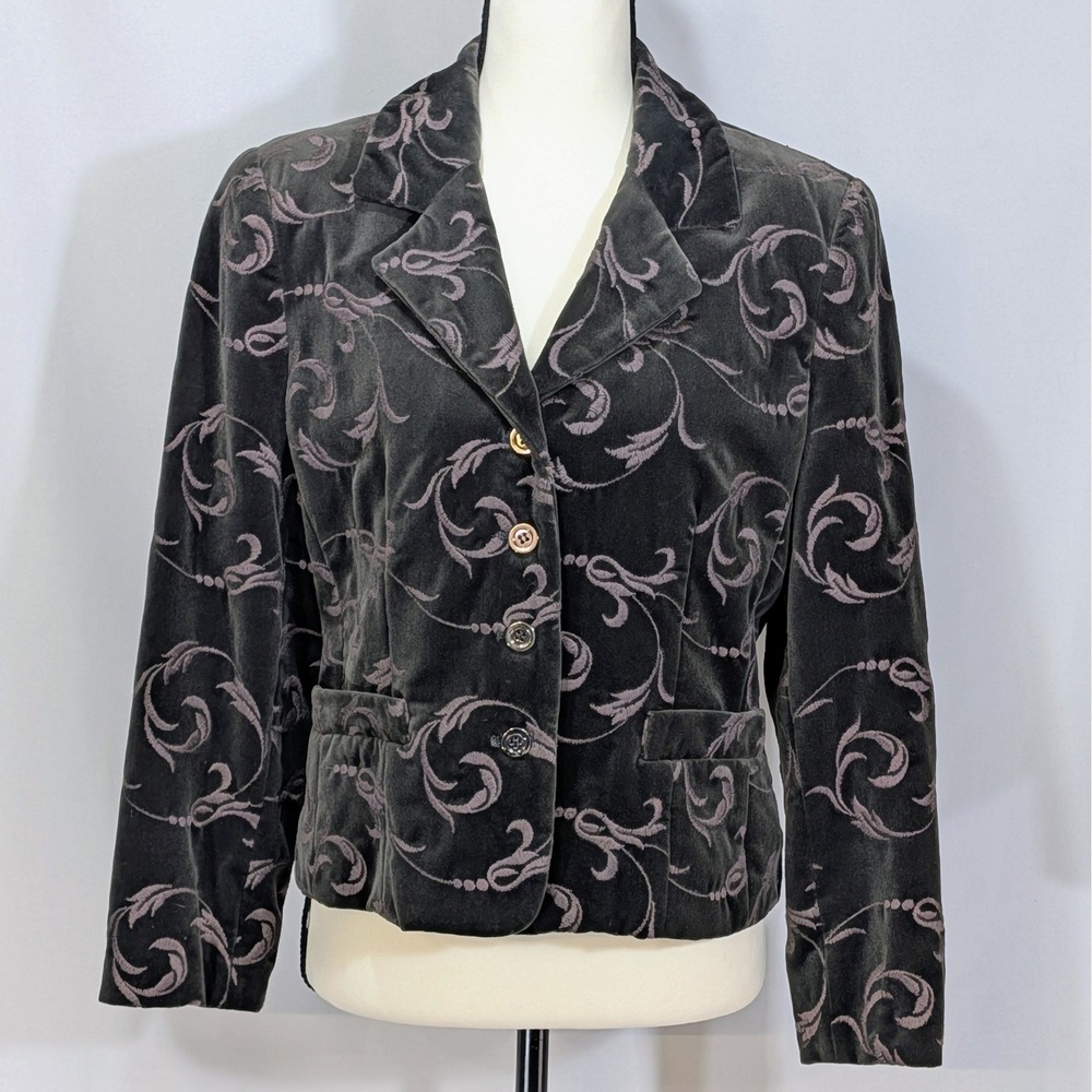 Vintage Burberrys of London Black‎ Cotton Velvet Scroll Embroidered Blazer USA 6